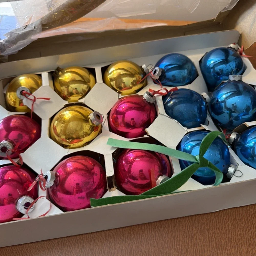 Vtg MCM Woolworth Woolco Multi Colored Glass Ornaments 15 In Box